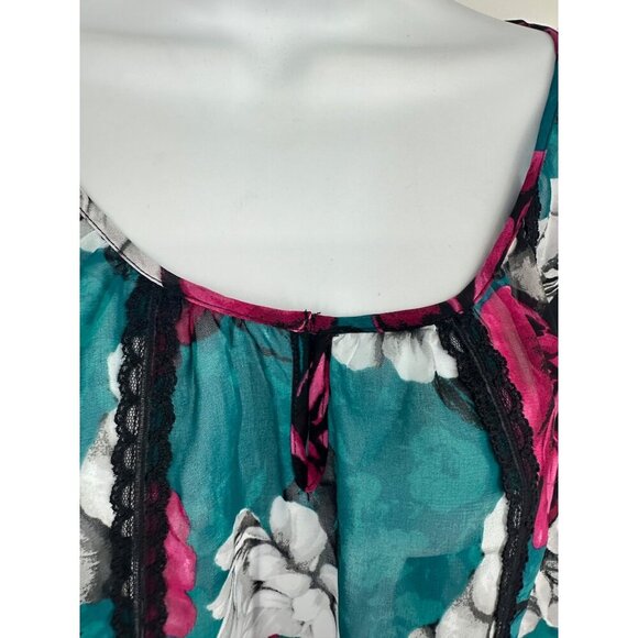 White House Black Market Womens Green Red Floral Lace Trim Sheer Blouse Size M - Picture 4 of 10